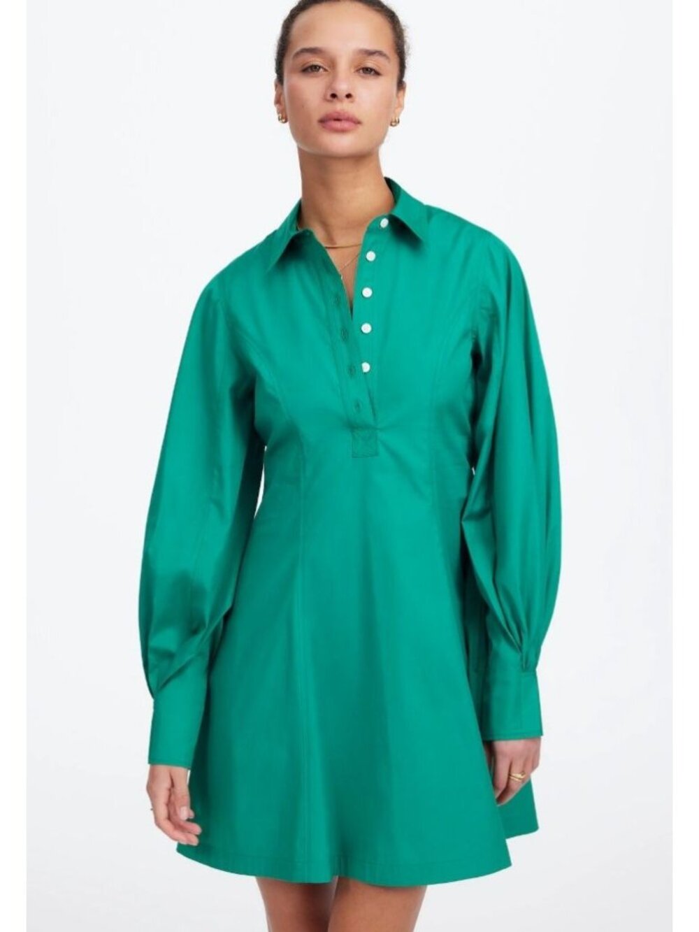 Madewell Seamed Long-Sleeve Mini Shirtdress in Poplin Women's Size 10 Green NWT!